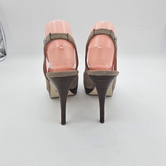 Michael Kors taupe Suede Peep Toe Slingback Stiletto Platform Heels Size 8.5M - Picture 4 of 13